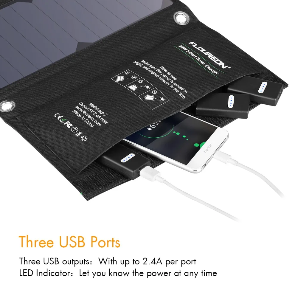 FLOUREON солнечное зарядное устройство 28 Вт солнечная панель с тройными usb портами