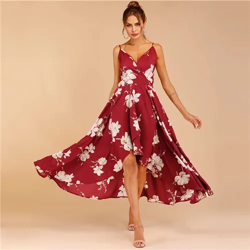 Burgundy COLROVIE бургундское платье с цветочным принтом и тюльпаном на подоле, женское летнее платье, бохо, без рукавов, Гламурное, с высокой талией, женское платье - Цвет: Burgundy