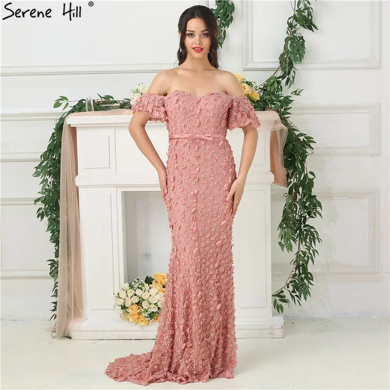 blush pink Дубай новейшее темно-зеленое Русалка Модные Вечерние Платья Короткие рукава Цветы Кристалл Сексуальные вечерние платья LA6519 - Цвет: blush pink