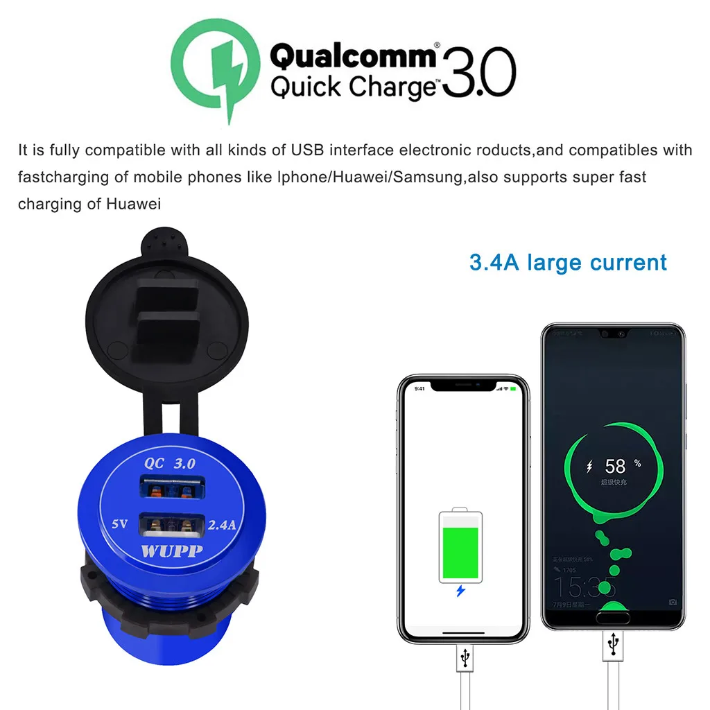 QC 3.0 Dual USB Charger Socket Voltmeter Quick Charge 3.0 Wire Waterproof for Car Motorcycle Mobile Phone Charger Fast QC#Y8