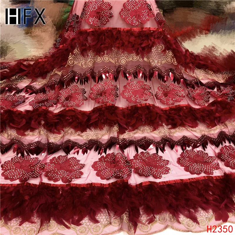 HFX элегантная ручная работа Цветочная вышивка перо 3D кружевная ткань с блестками для свадебного платья новое поступление F2350