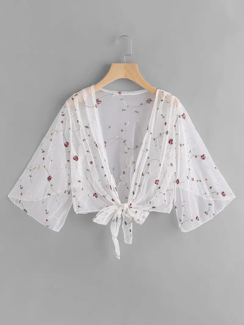 Женское летнее пляжное бикини покрывало с цветочной вышивкой и бантом|Пляжная