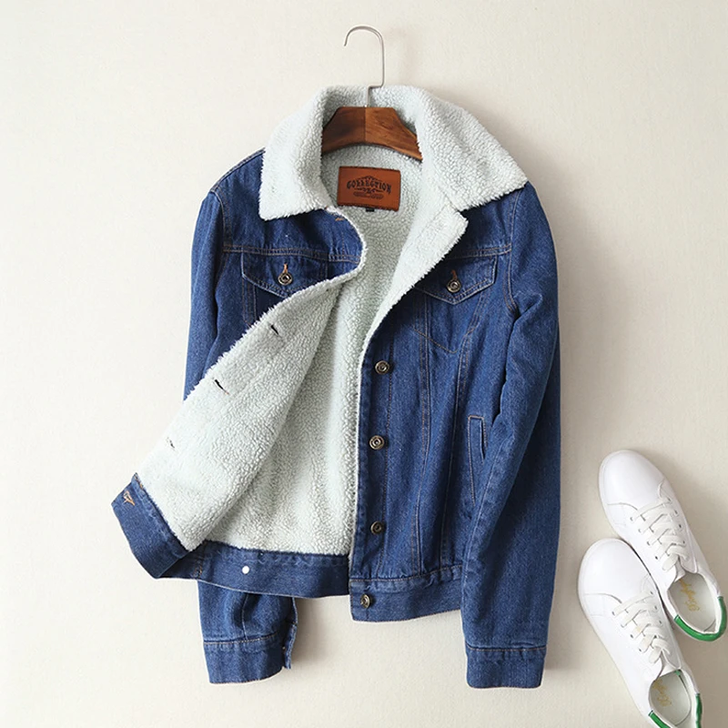 

Spring Autumn Winter New 2022 Women lambswool jean Coat With 4 Pockets Long Sleeves Warm Jeans Coat Outwear Wide Denim Jacket