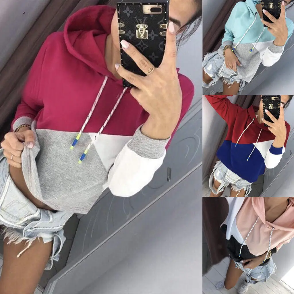 Ladies Hoodie Pullover Hooded Women Casual Autumn Long Sleeve Patchwork Hoodies Tops | Женская одежда