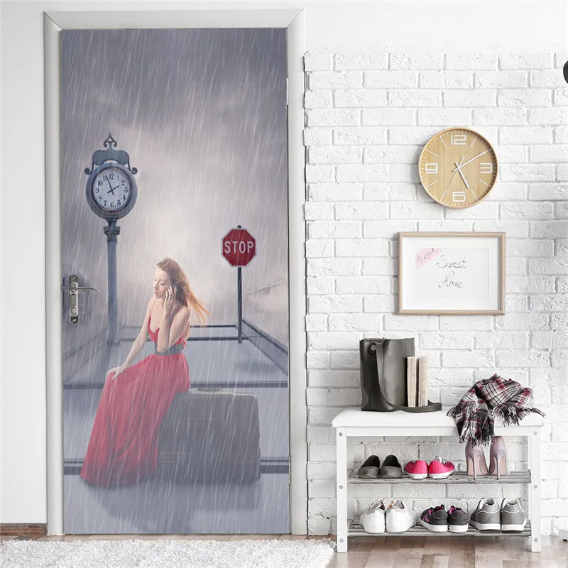 Removable Door Stickers Beautiful Woman In The Rain Waterproof Living Room Bathroom Wallpaper Self-adhesive Gate Art Mural | Дом и сад