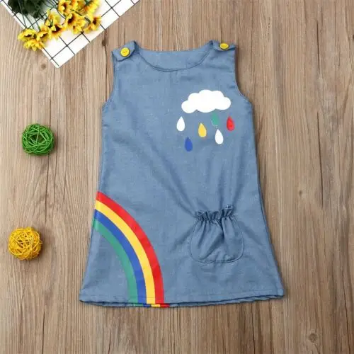 2019 Brand Toddler Infant Kid Baby Girl Dress Denim A-Line Rainbow Print Pocket Sleeveless Party Pageant Sundress Summer Clothes | Детская