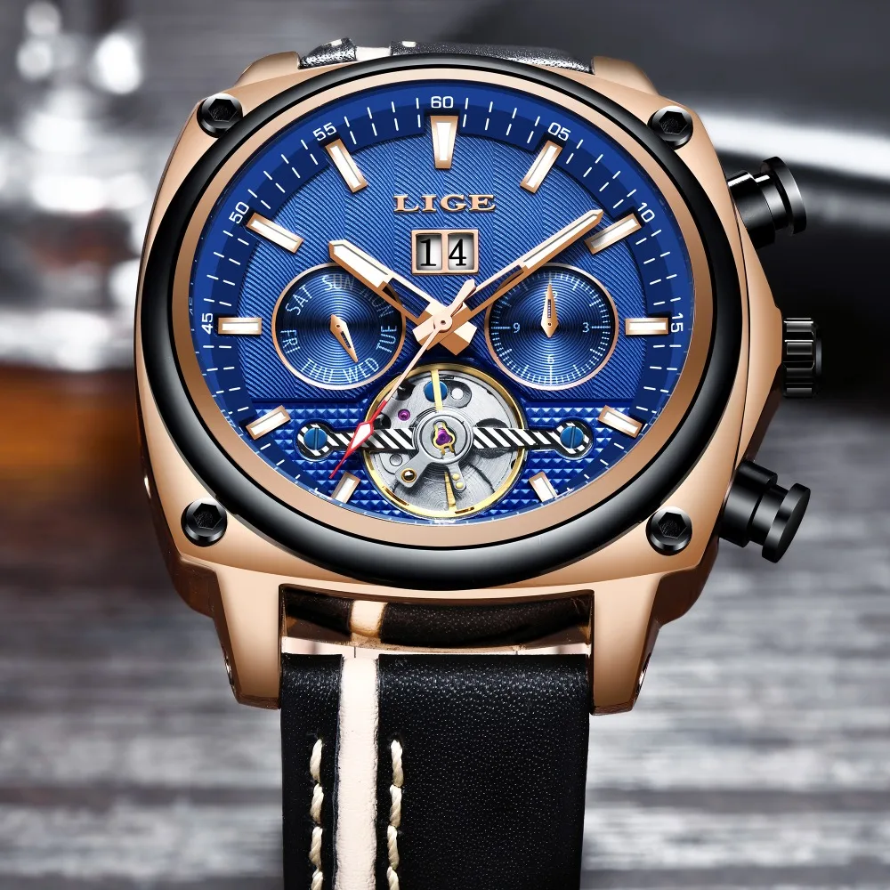 Новый бренд LIGE мужские часы автоматические механические Tourbillon спортивные