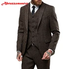 Мужской твидовый костюм Abruzzomaster, темно-коричневый Блейзер с елочкой в британском стиле, свадебный костюм из 3 предметов