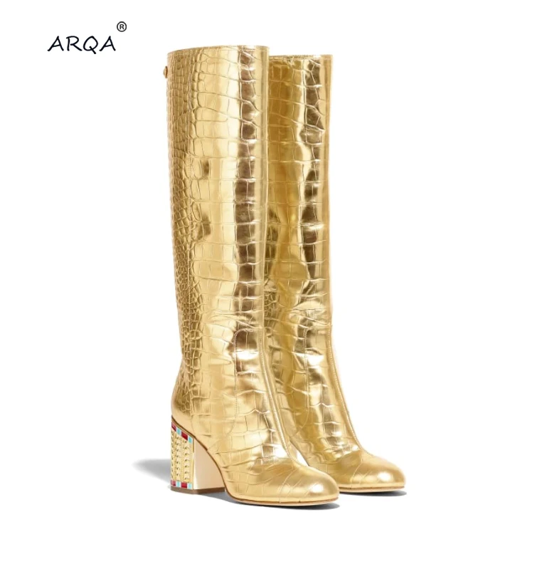 

New European and American Golden Plating and Sleeve Walking Show Brand Mid-barrel Boots Fashionable Crocodile-grain Women's Boot