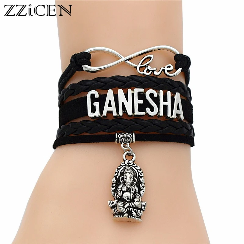 Fashion Buddhist Hindu Antique Infinity Love Meditation Indian Elephant Buddha GANESHA Pendant Leather Charm Bracelets