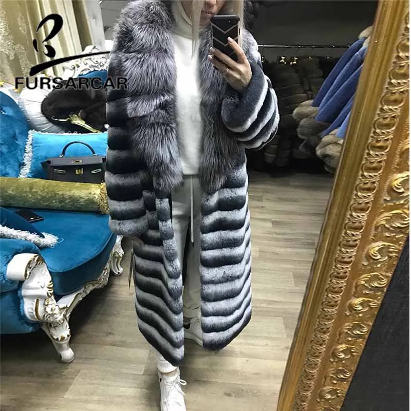 Женская Шуба из меха FURSARCAR роскошная зимняя шуба кролика Рекс с воротником