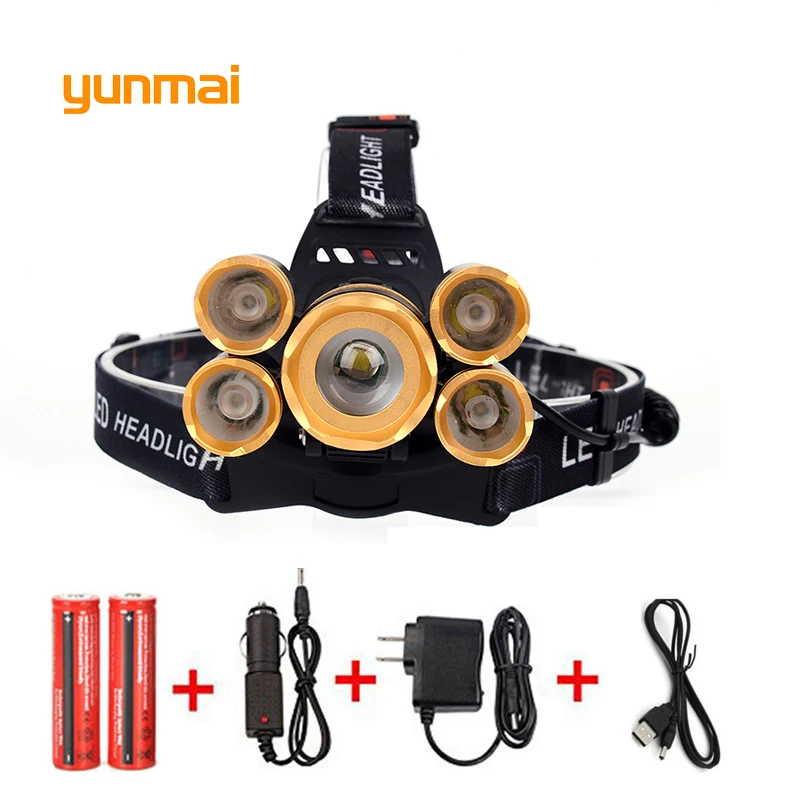 Yunmai 5 LED налобный фонарь новый T6 + 4 * XPE фара 20000 люменов светодиодная для кемпинга
