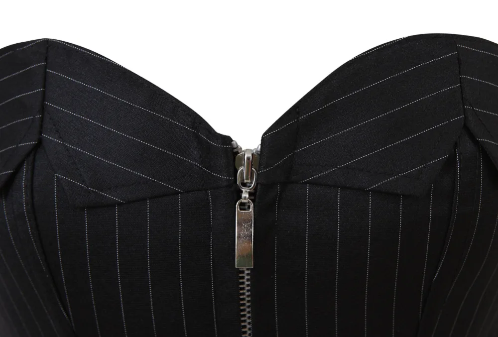 

Sexy Office professional Overbust Corset Top Zipper Lace Up Boned Black Stripe Bustier+G-string Plus Size S-2XL