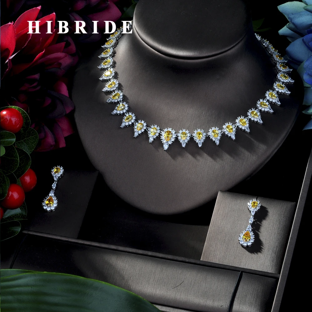 

HIBRIDE Exclusive Luxury AAA Cubic Zirconia Heavy Necklace ,Drop Earrings 2 pcs Dubai Full Jewelry Set, Dinner Set N-204