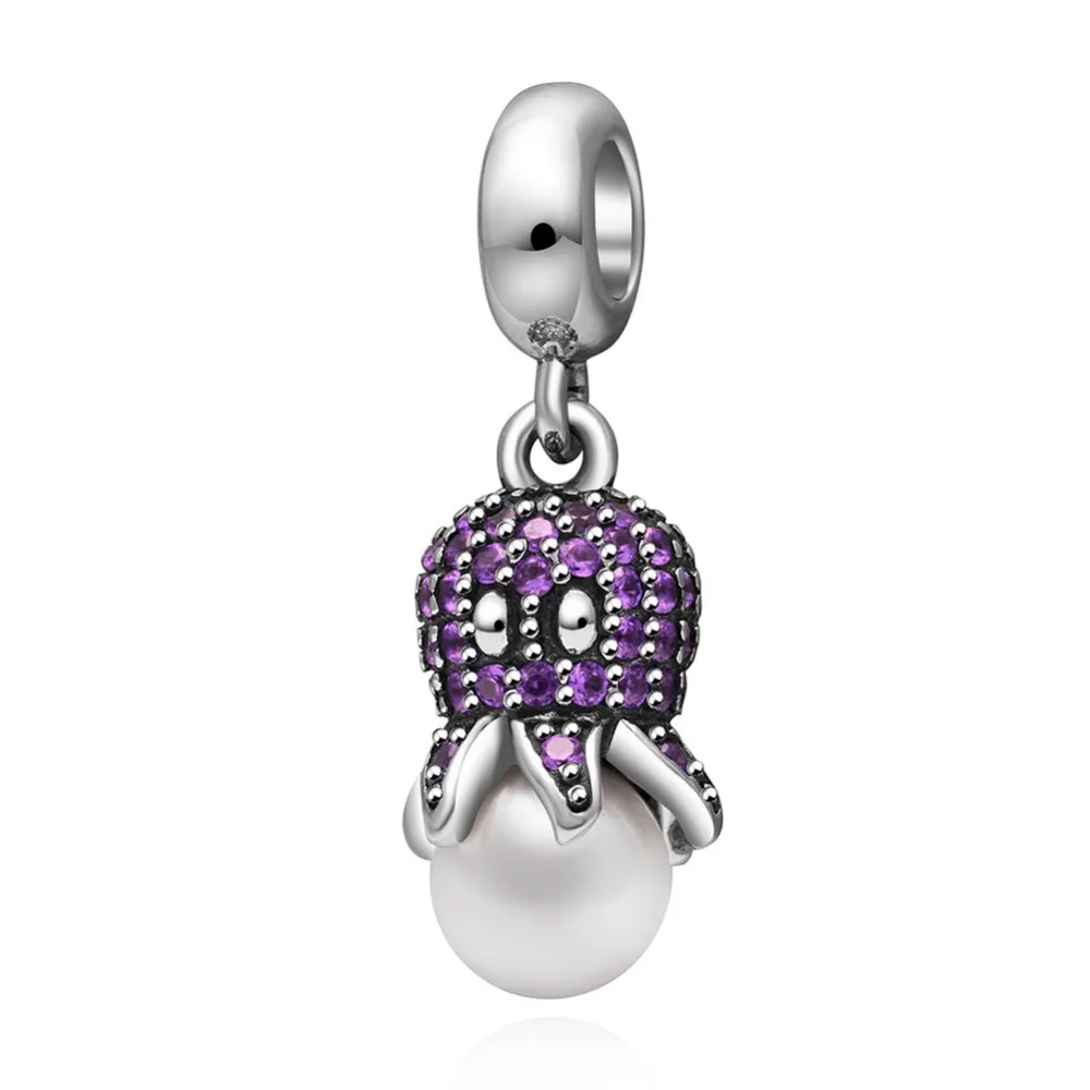 Authentic 925 Sterling Silver Charms Purple Sea Octopus Pendant Bead with Pearl fit European Ocean Style Bracelets | Украшения и