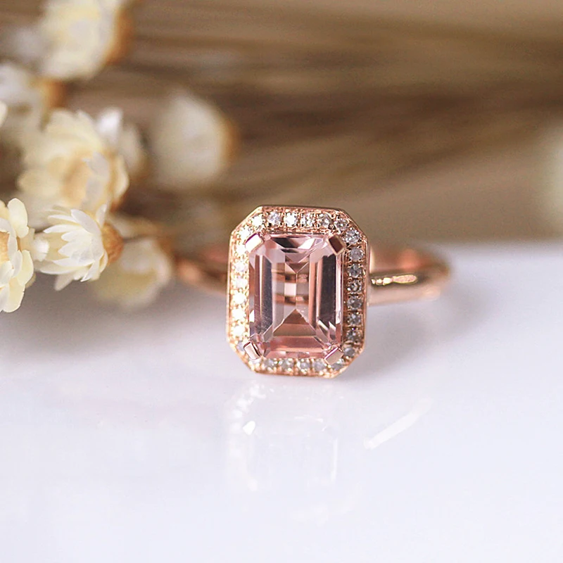 

DUPUY Fashion Diamond Ring Female 6*8mm 1.4ct Morganite 14k Rose Gold Engagement Ring Rectangular Claw Set Wedding Ring D180083