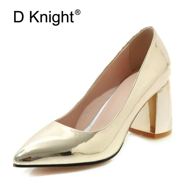 

Plus Size 33-45 Women Pumps Fashion Gold Block Thick High Heels Shoes Patent Leather Slip On Silver Office Ladies Working Shoes