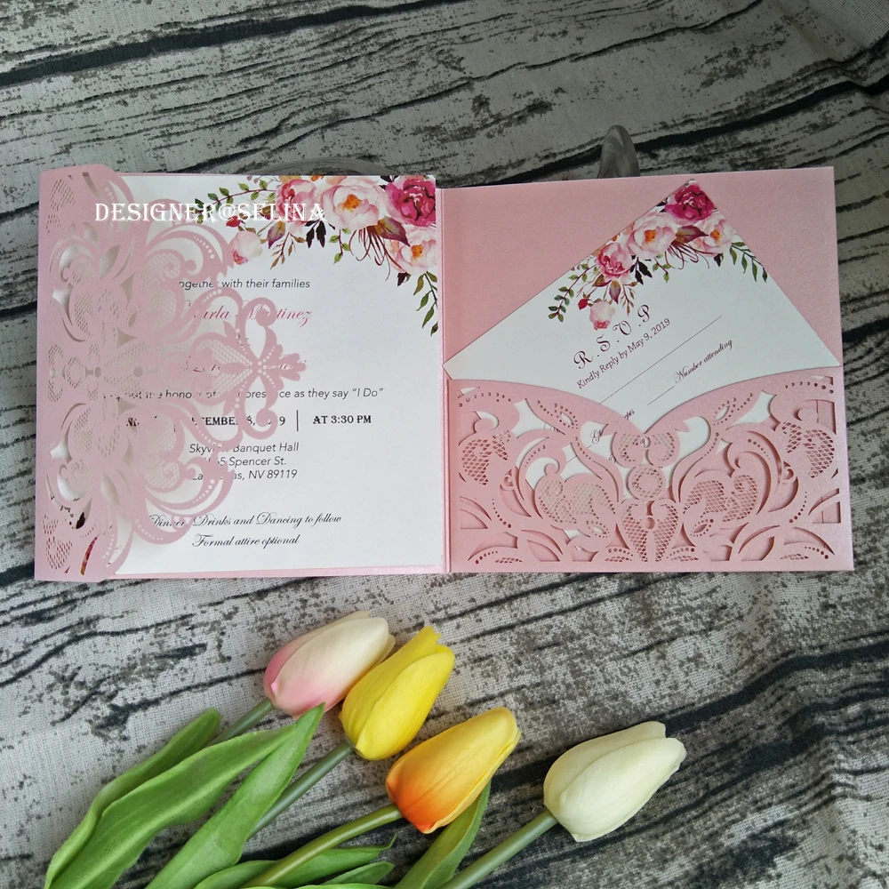 Румяна Розовый Shimmy конверт с лазерной резкой Quinceanera приглашение с открытка RSVP приглашения на свадьбу День рождения обручение
