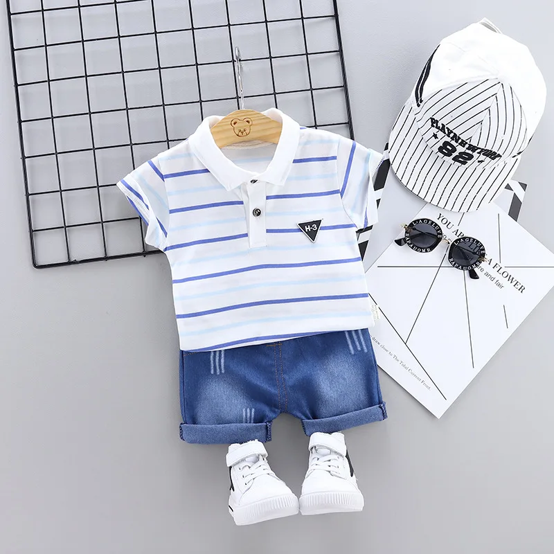 2019 Summer Boy Sets Children's clothes kids Striped Lapel Short Sleeve T-Shirt + Shorts 2 pieces Children Set | Детская одежда и