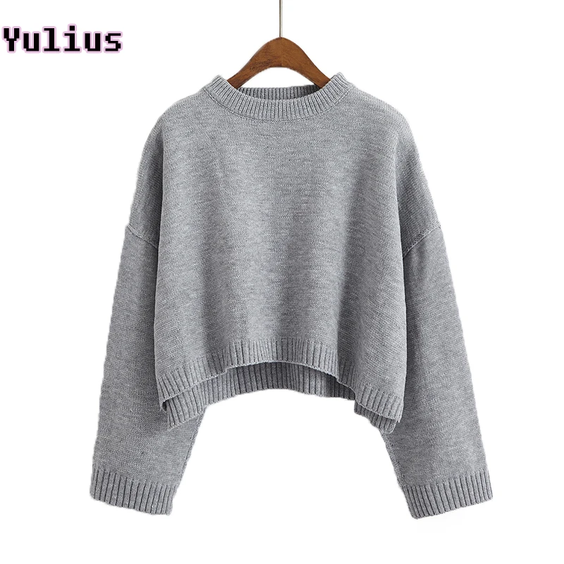 Autumn Loose Short Sweaters for Women Knitwear Pullover Lady's Casual Round Neck Wide Sleeve Split Knit Jumper Cropped Sweater | Женская