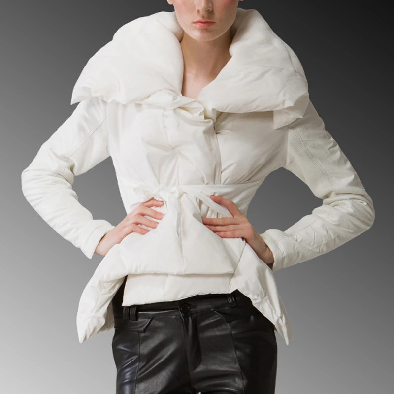 Белая Утка Вниз Зима Короткая Куртка Женщин Большой Лацкан Кружева вверх Луч