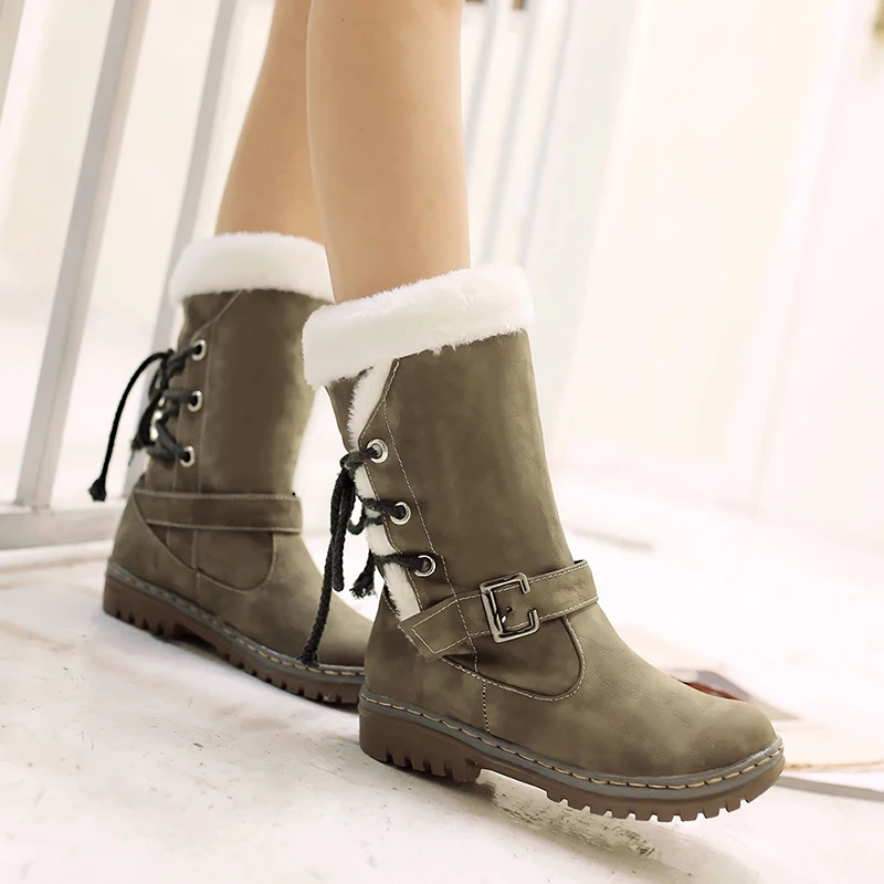 

Fashion Cotton Boots Winter Women Mid-calf Boots with Fur Leather Lace Up Ladies Shoes Plus Size 35-43 Snow Boots 889