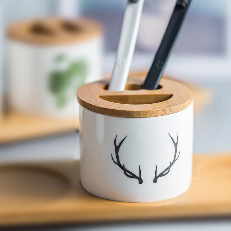 BrushCup1 Керамический набор аксессуаров для ванной комнаты, нордическое зеленое растение чашка для зубной пасты, держатель для зубной щетки с бамбуковым поддоном, Набор чашек для зубных чашек - Цвет: BrushCup1