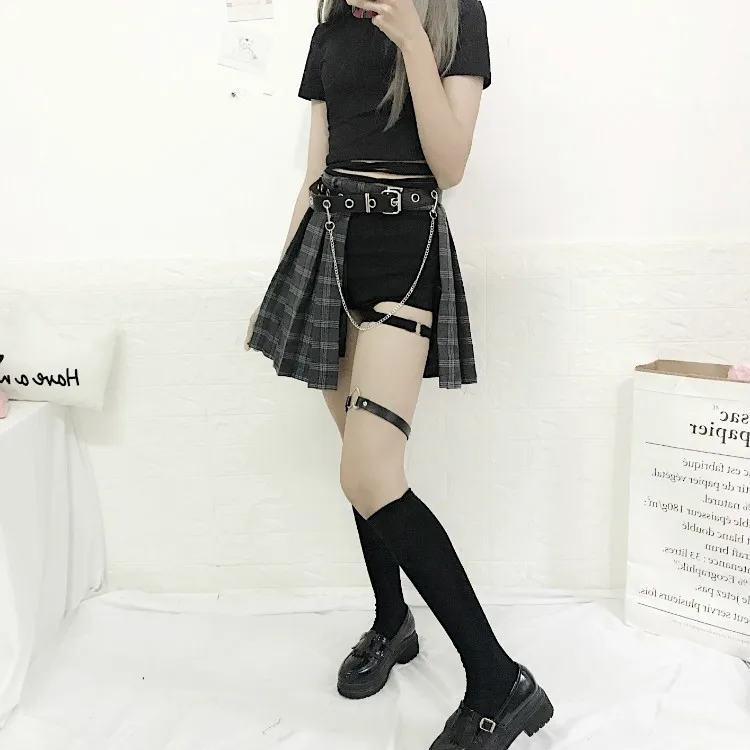 39D Harajuku в стиле панк плед асимметричные юбки Для женщин Асимметричная с высокой талией плиссе Девушки Готический половину модная юбка с поясом