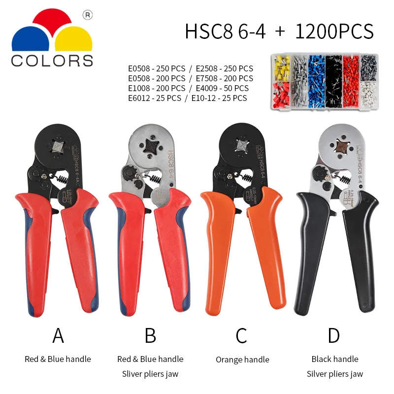 HSC8 6-4 1200PCS Шестиугольник 6-4 0,25-10 мм 23-7AWG четырехугольник трубки обжимной для обжима пресс Клещи обжимные ручной наконечников проводов инструмент HSC8 - Цвет: HSC8 6-4 1200PCS