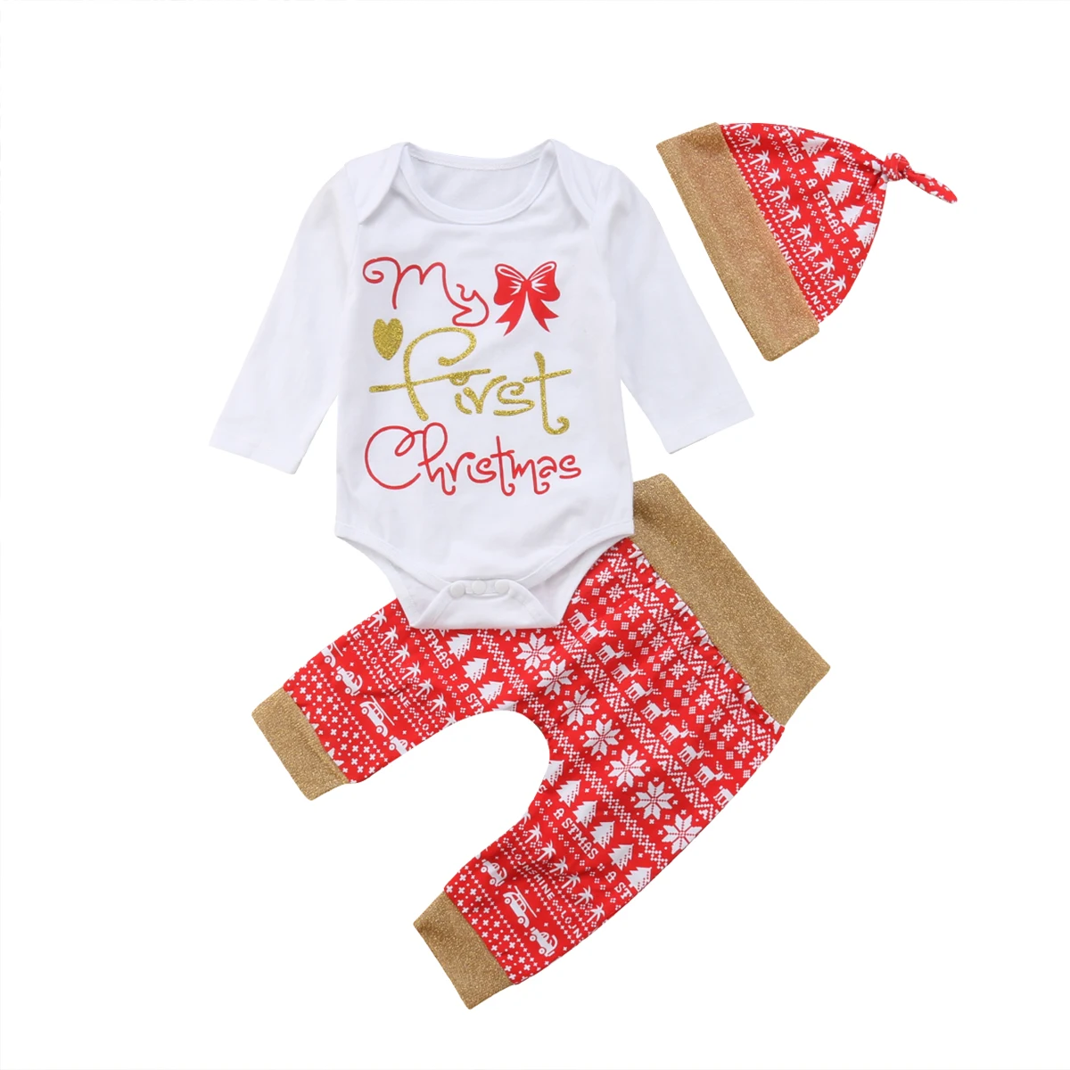 3PCS Set My First Christmas Newborn Baby Boy Girl Cotton Romper Tops+Long Pant Hat Outfits Xmas Clothes | Детская одежда и обувь