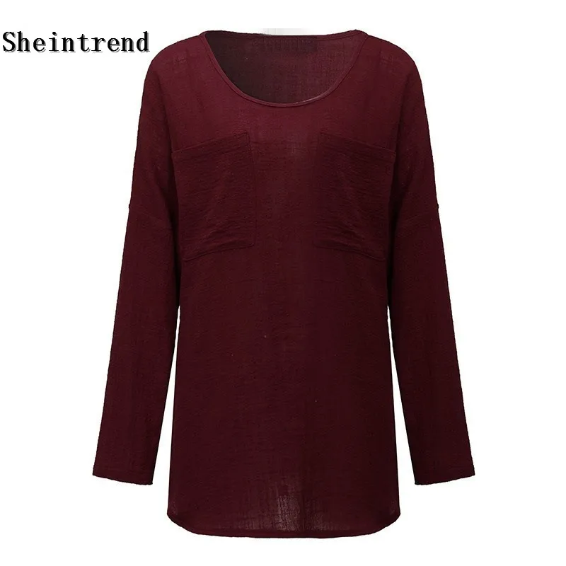 Sheintrend 2018 Vintage Blusas Autumn Women Blouse Casual Loose Shirt O Neck Long Sleeve Pockets Solid Top Plus Size 3XL 4XL 5xl |