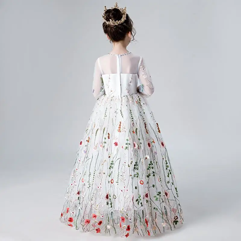 Flower Girls Long Dress for Kids Ball Gown Floral Embroidery Wedding Dresses Princess Birthday 2019 Children Runway | Детская одежда и