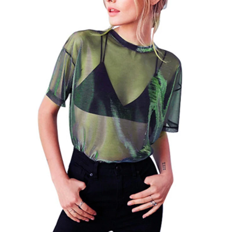 Летняя женская сетчатая прозрачная футболка с короткими рукавами и круглым