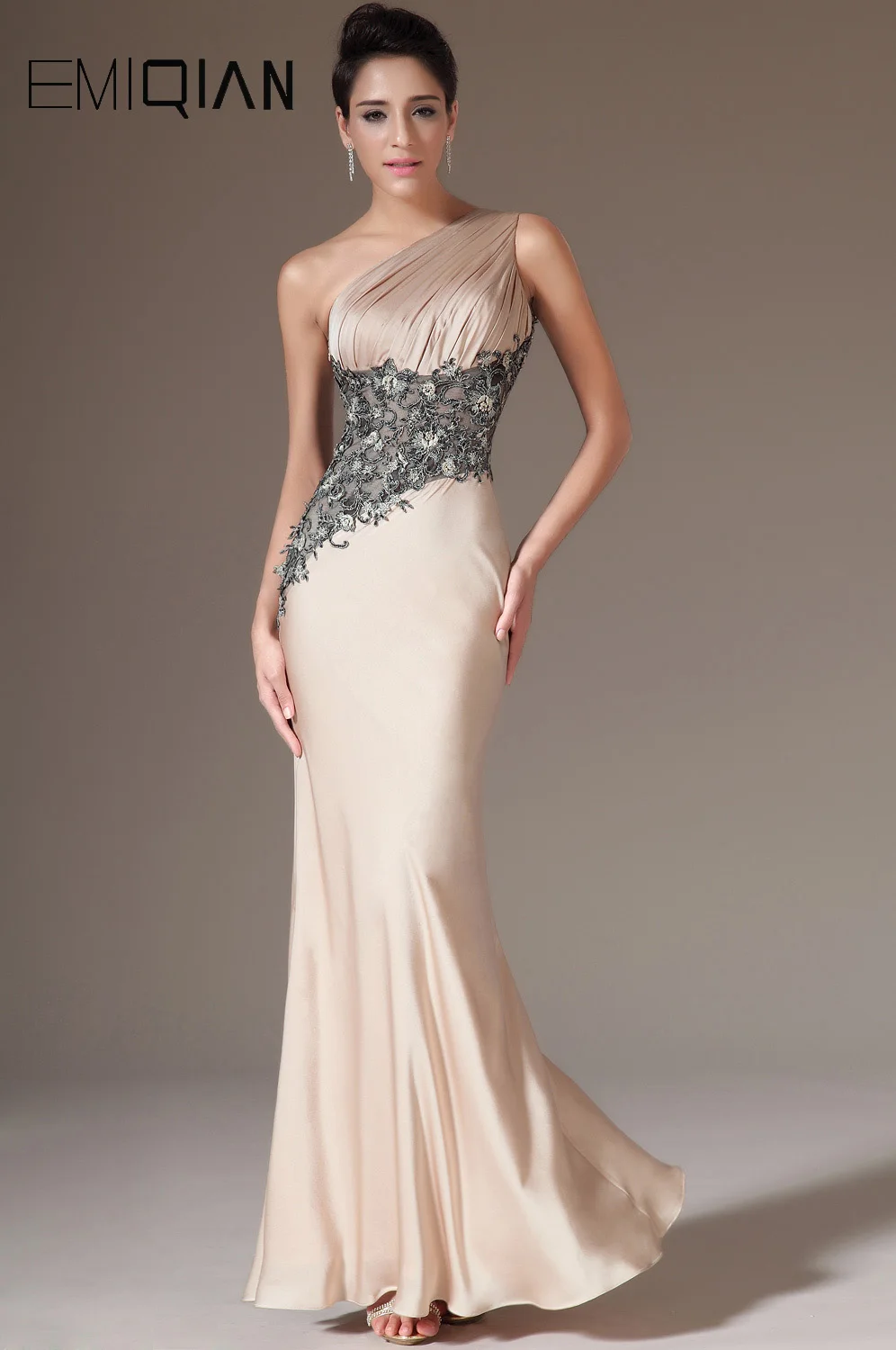 

Charming One Shoulder Mermaid Champagne Satin & Black Lace Evening Dresses