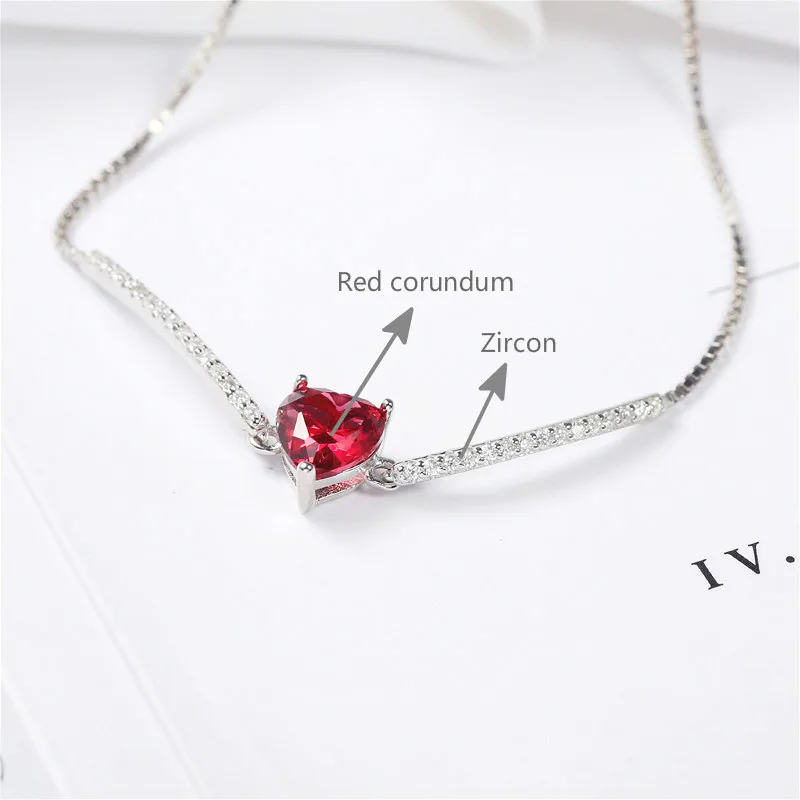 

Heart-shaped Red Corundum 100% 925 Sterling Silver Bracelets For Women Zircon Simple Fashion Fine Jewelry Bracelets & Bangles