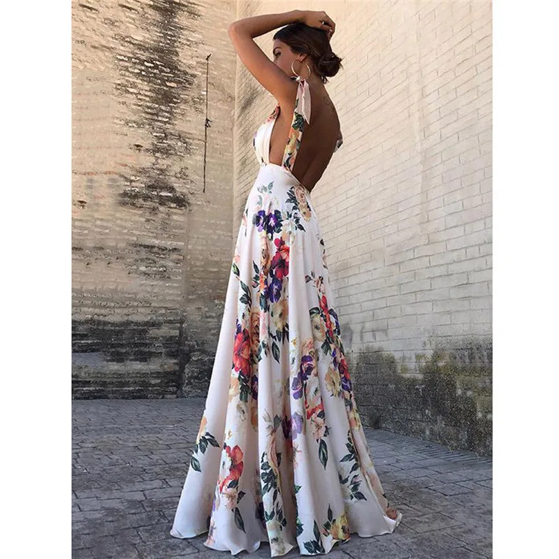 

Autumn Sexy Floral Print Women Summer Sleeveless V-Neck Backless Vintage Long Boho Party Cocktail Casual Loose Beach Pink Dress