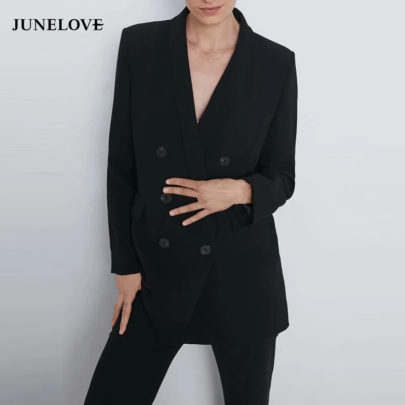 JuneLove женский длинный рукав Формальные блейзеры куртки винтажный двубортный