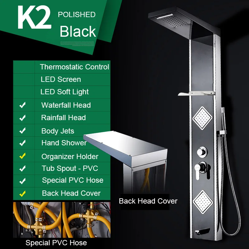 K2 Polished BLACK Роскошная термостатическая контрольная складная душевая панель, полированное зеркало SUS304, с держателем-органайзером, водопад, дождь, струя тела - Цвет: K2 Polished BLACK
