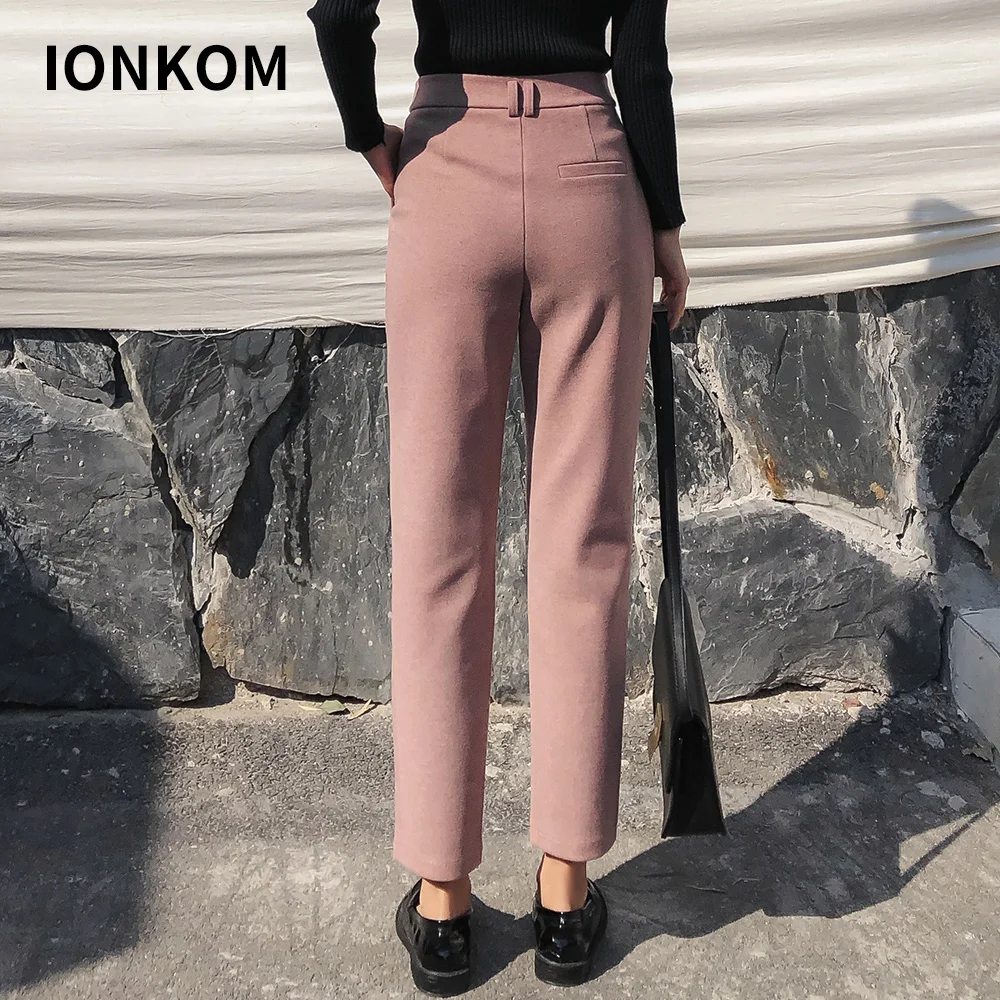 Элегантные офисные женские штаны с высокой талией IONKOM однотонные до щиколотки на