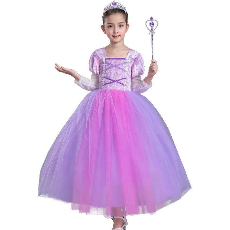 2019 Spring Baby Girl Elsa Dress 6 Layers Mesh Lavender Long Lace Party Ball Gown Kids Princess Costume 4 8 10 12 Y 3L07A | Детская