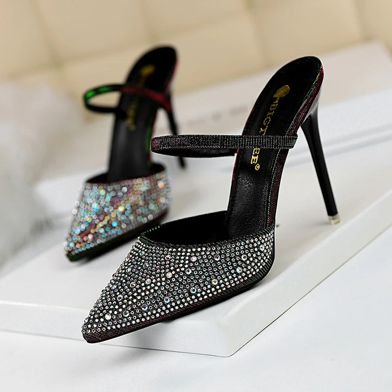 BIGTREE green sandals high heels summer shoes woman sexy rhinestone sandales femme 2019 stiletto shallow party sandalia feminina | Обувь