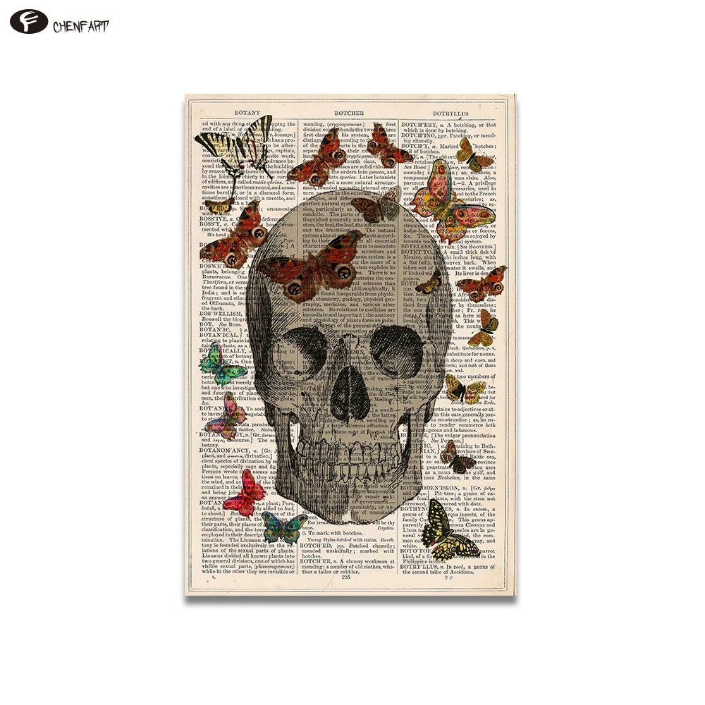 Художественная печать на холсте CHENFART "Старинная книга словаря" с изображением черепа и бабочек - декоративные изображения без рамки.