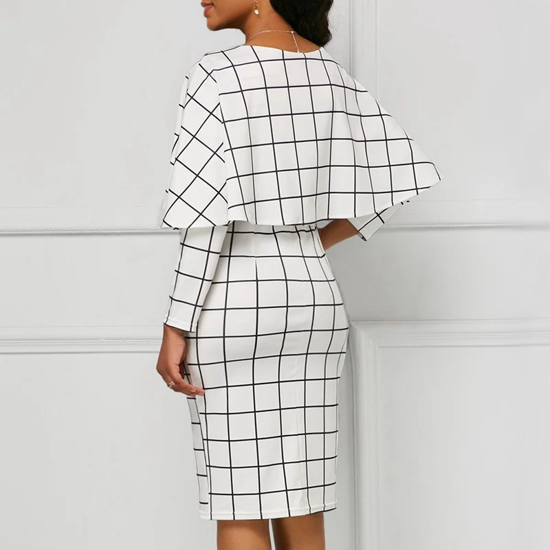 Spring Autumn Clothes Sexy Plaid Print Dress Women Long Cloak Sleeves V Neck Dresses White Office Lady Bodycon Slim Vestidos | Женская