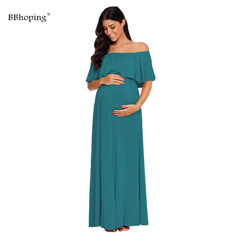 

Длинное платье для беременных, женское эластичное платье с оборками и открытыми плечами, платье-макси для детей, платье для фотосессии