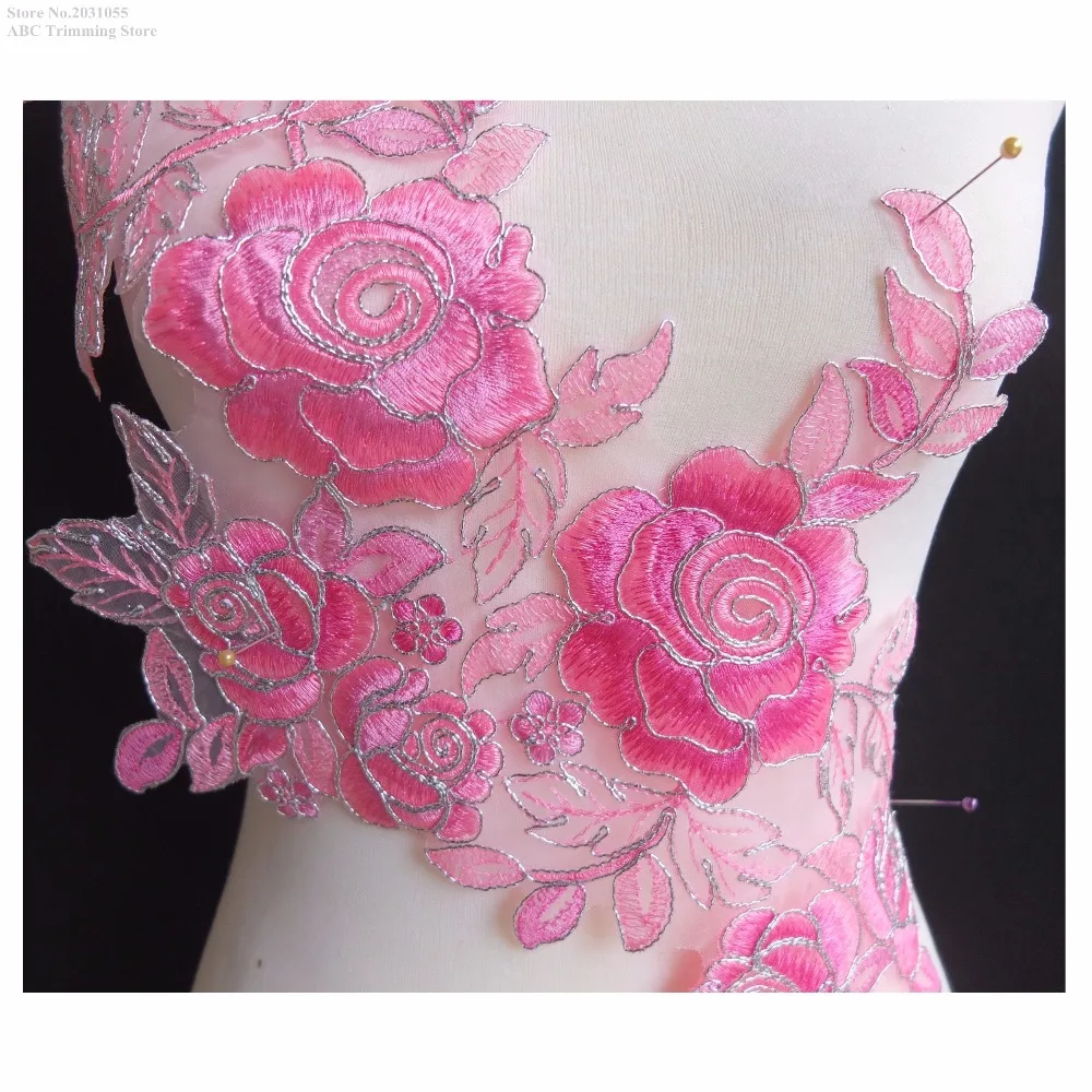 Новые красивые розовые/серебряные вышитые нашивки Цветы DIY швейная одежда