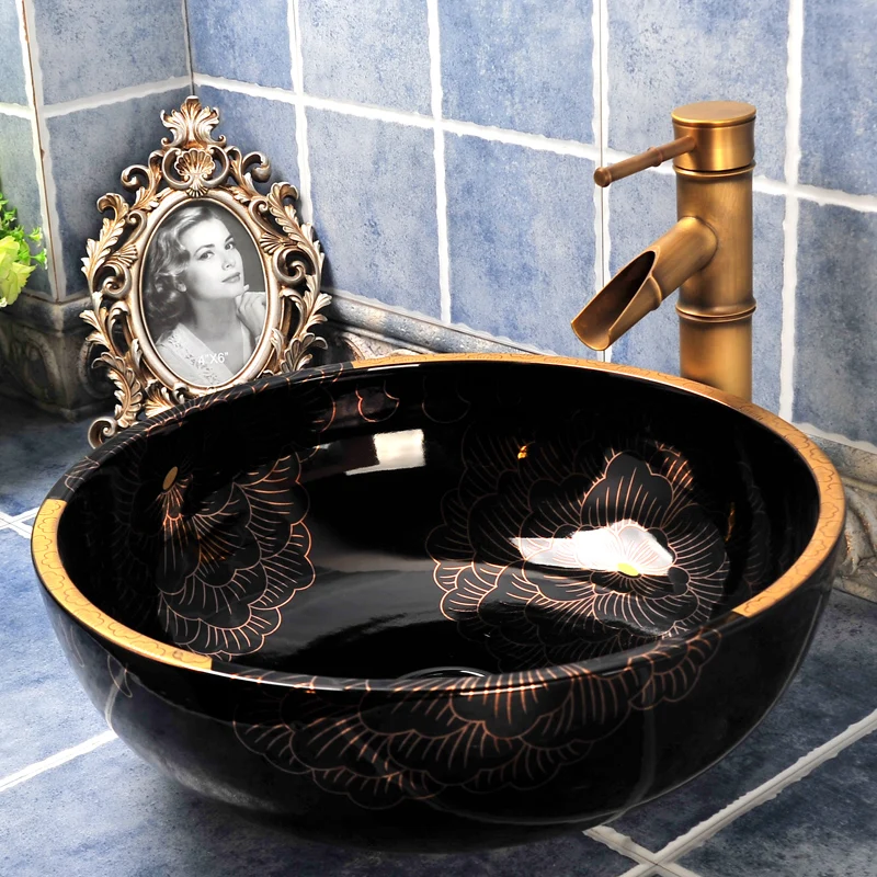 

Black White Gold Color Flower Ceramic Hotel Basin Bathroom Sink