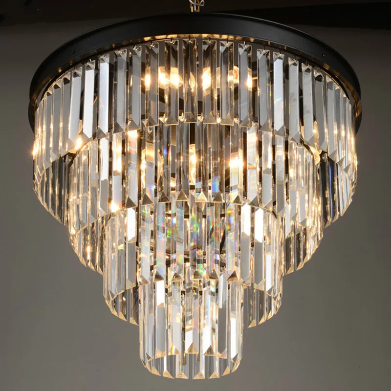 

American Vintage Black Metal Gray / Amber / Clear Crystal Round Pendant Light Lustre K9 Tubular Crystal Hotel Hanging Light