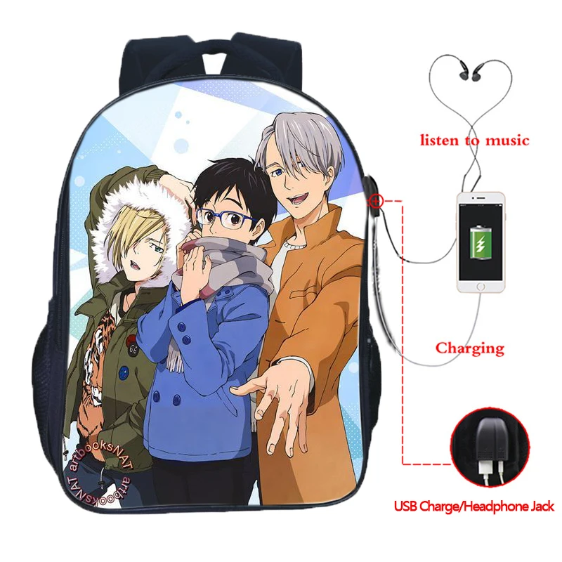 Boys Teens Yuri On Ice Yuri!!! on Victor USB Charge School Bags Men Boy Beautiful Backpacks | Багаж и сумки