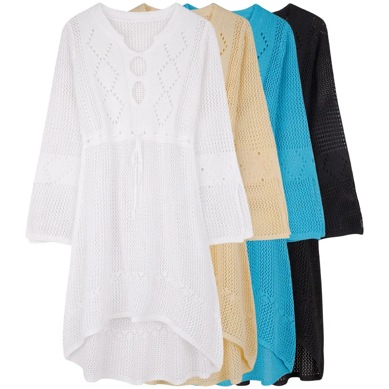 Вязаное крючком белое пляжное платье 2019 Женская Туника длинная Парео Бикини