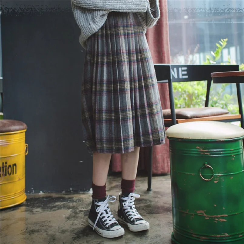 2017 осенняя и зимняя женская Корейская Высокая талия клетчатая шерстяная